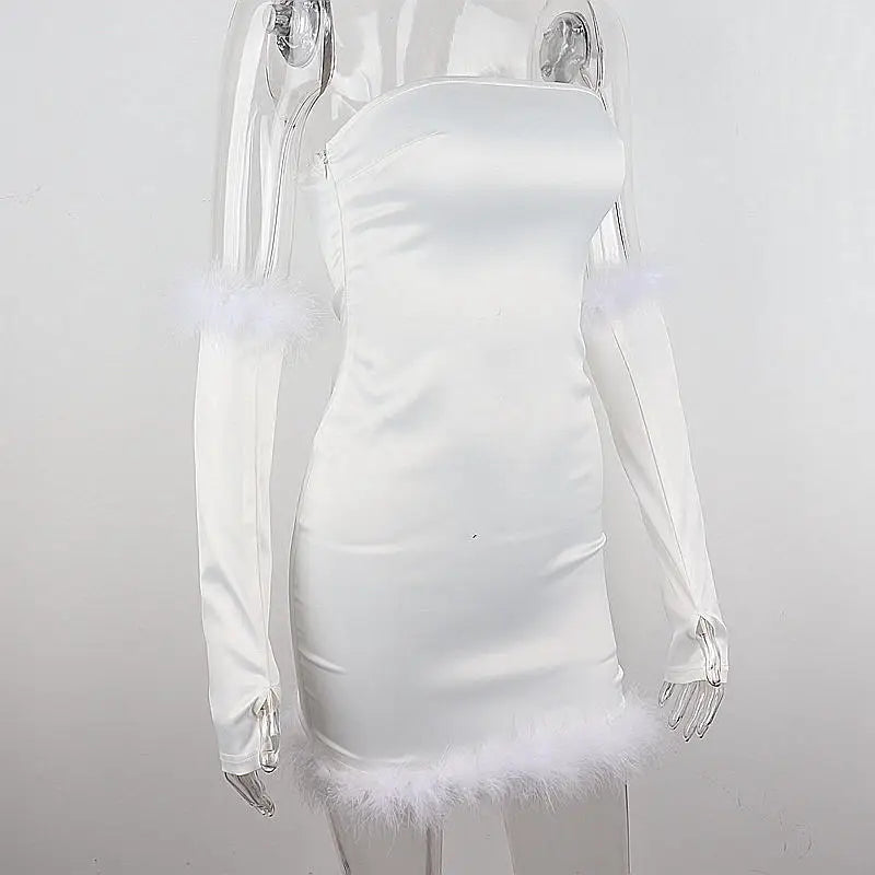 Strapless Bodycon Mini Feather Patchwork Dress with Gloves