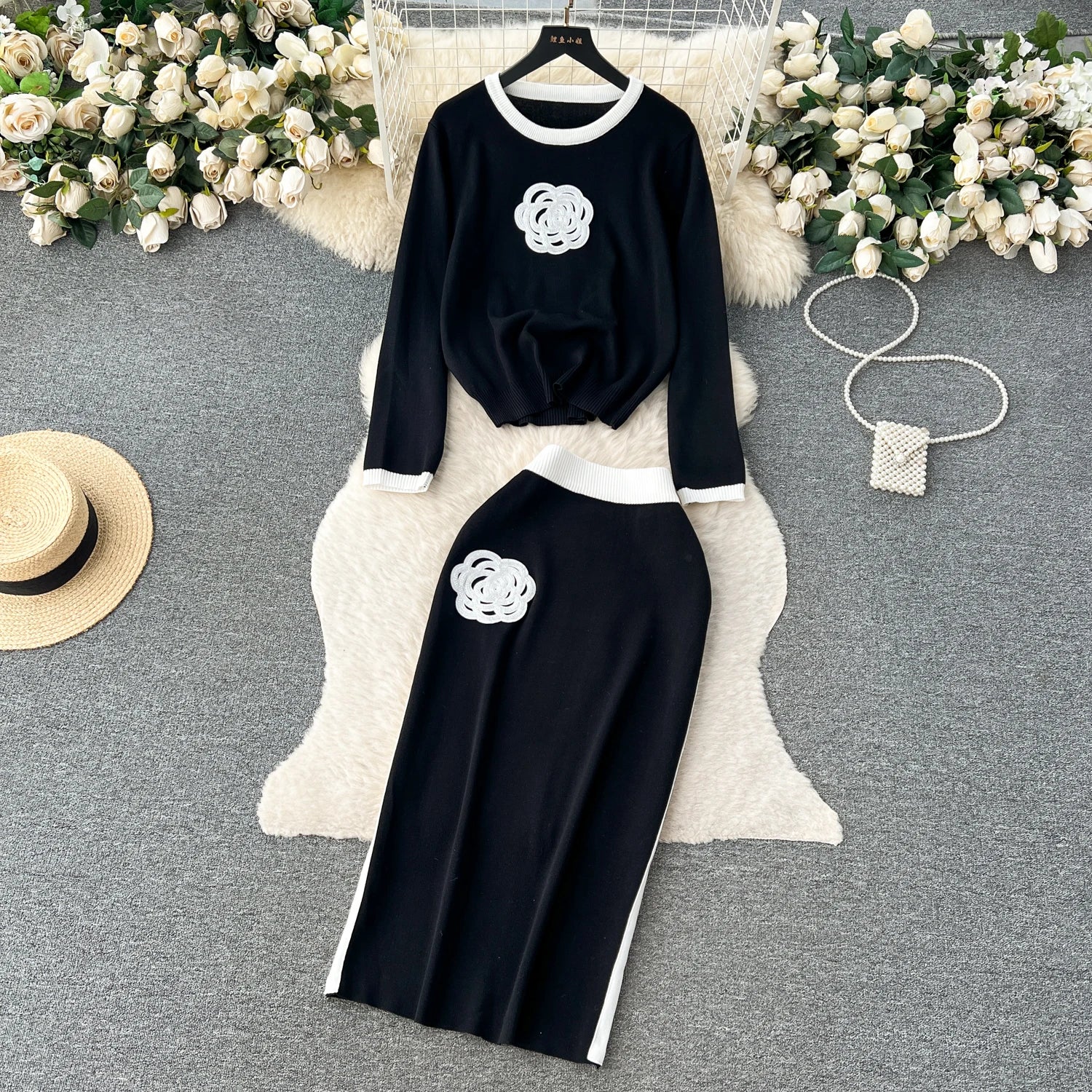 Long Sleeve Pullover Elastic Waist Long Skirt Sweater Suit