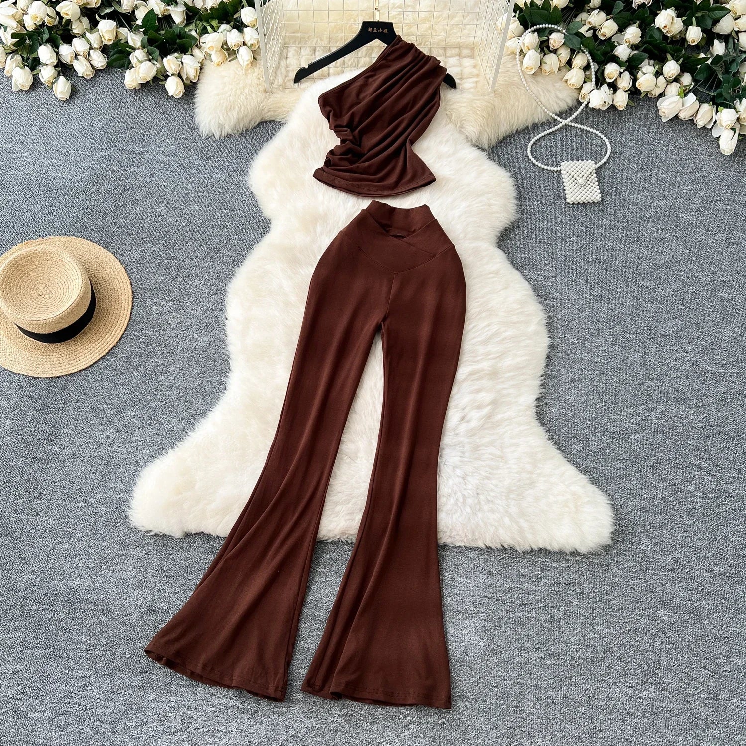Chic Vintage Diagonal Collar Sleeveless Pleated Top and High Waist Flare Pants Two Piece Set