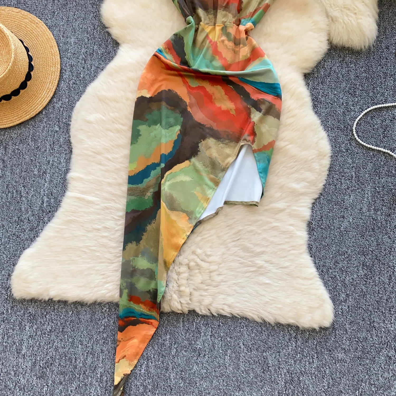 Irregular Sleeveless V Neck Slim Halter Split Bodycon Dress