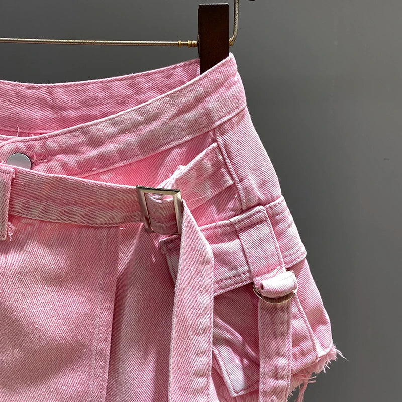 Irregular Pink Denim High A- Line Short Mini Skirts