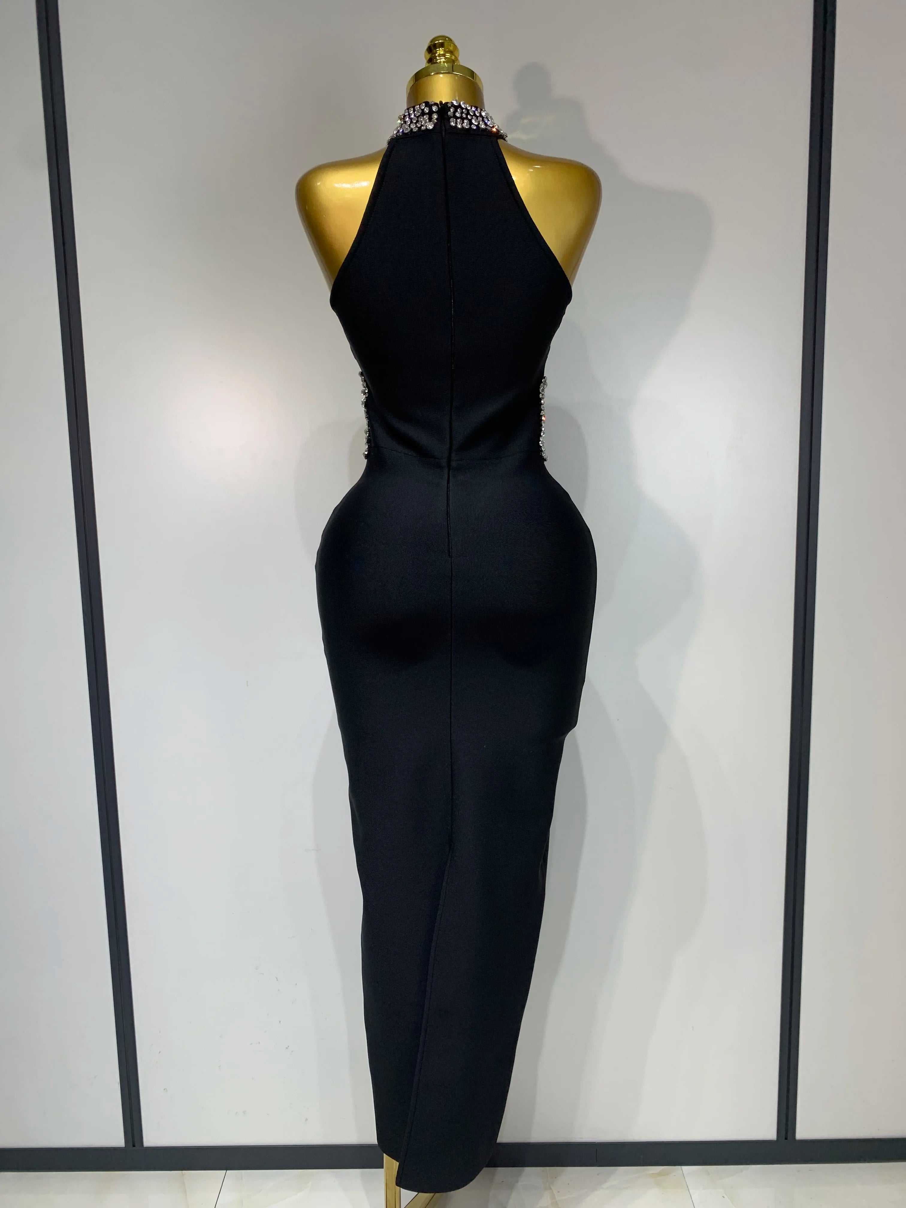 Rhinestone Black Sleeveless Mesh Patchwork Bodycon Bandage Elegant Dresses