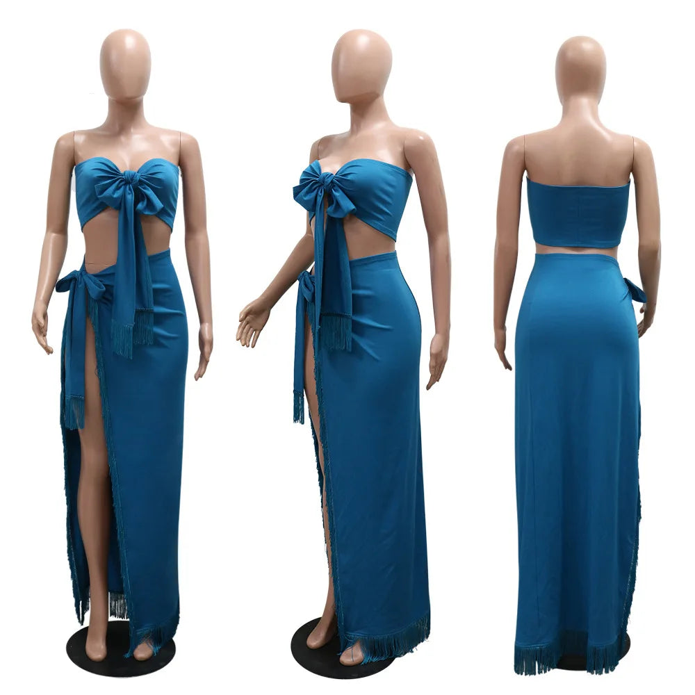 Strapless Crop Top + Ruched Split Tassel Long Skirts Two Piece Sets