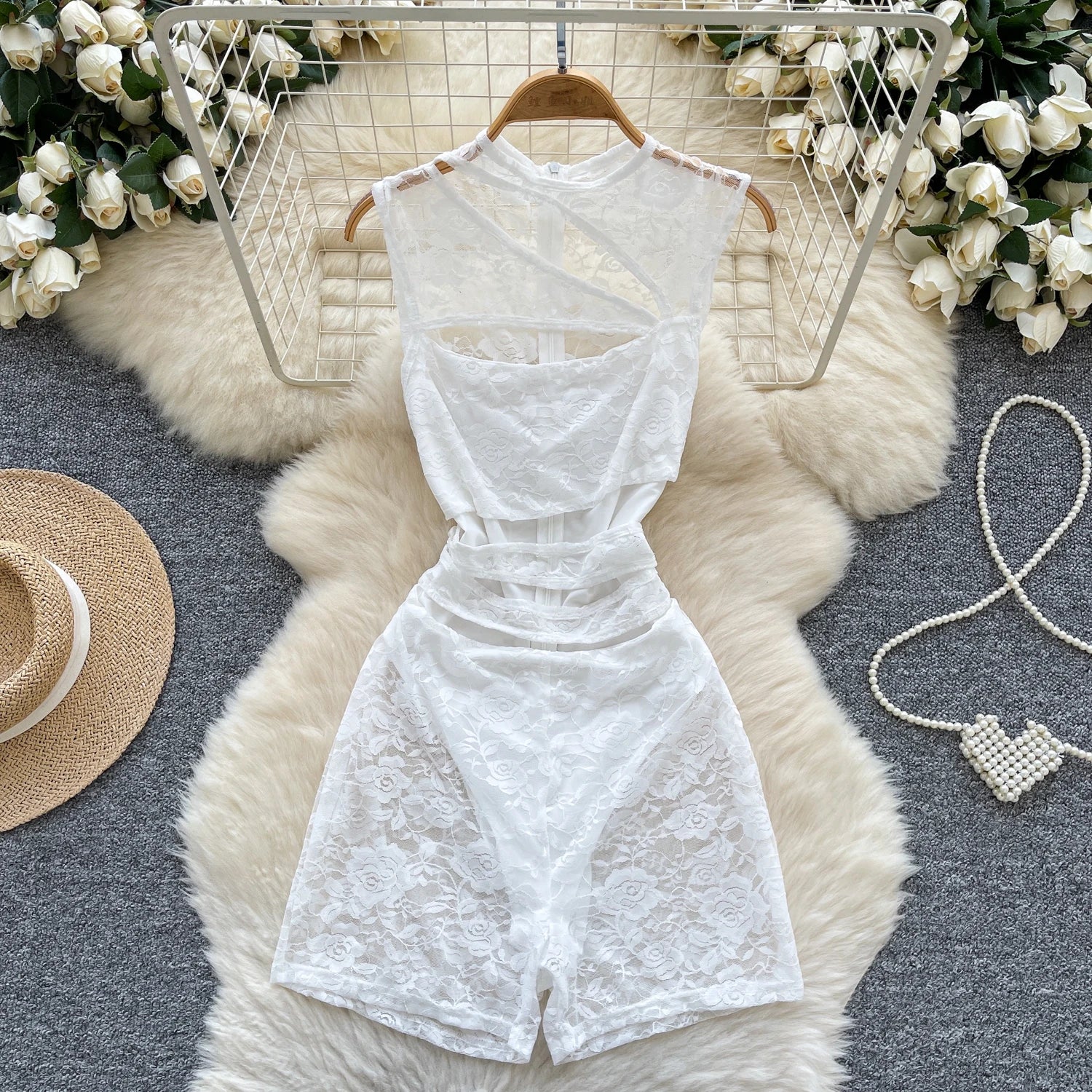 Sleeveless Sheer Hollow Out Bodycon Rompers Lace Playsuits