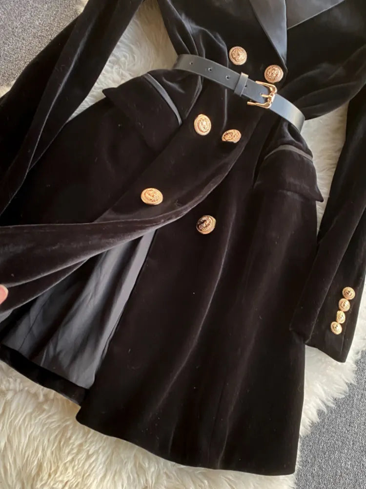 Velvet  Blazer Suit Winter Double Breasted Long Sleeve Coat