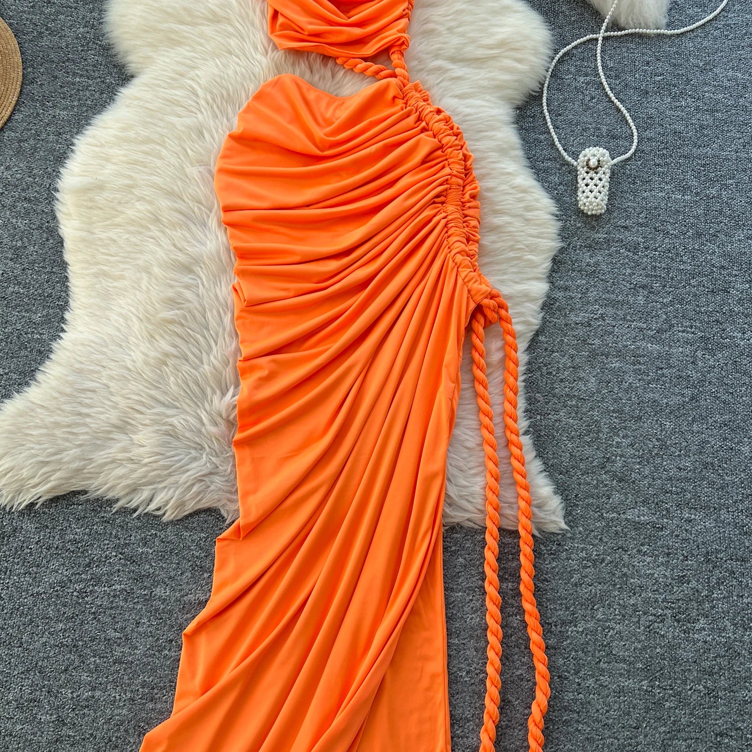 Hollow Out Split Ruched Solid Maxi Sundress