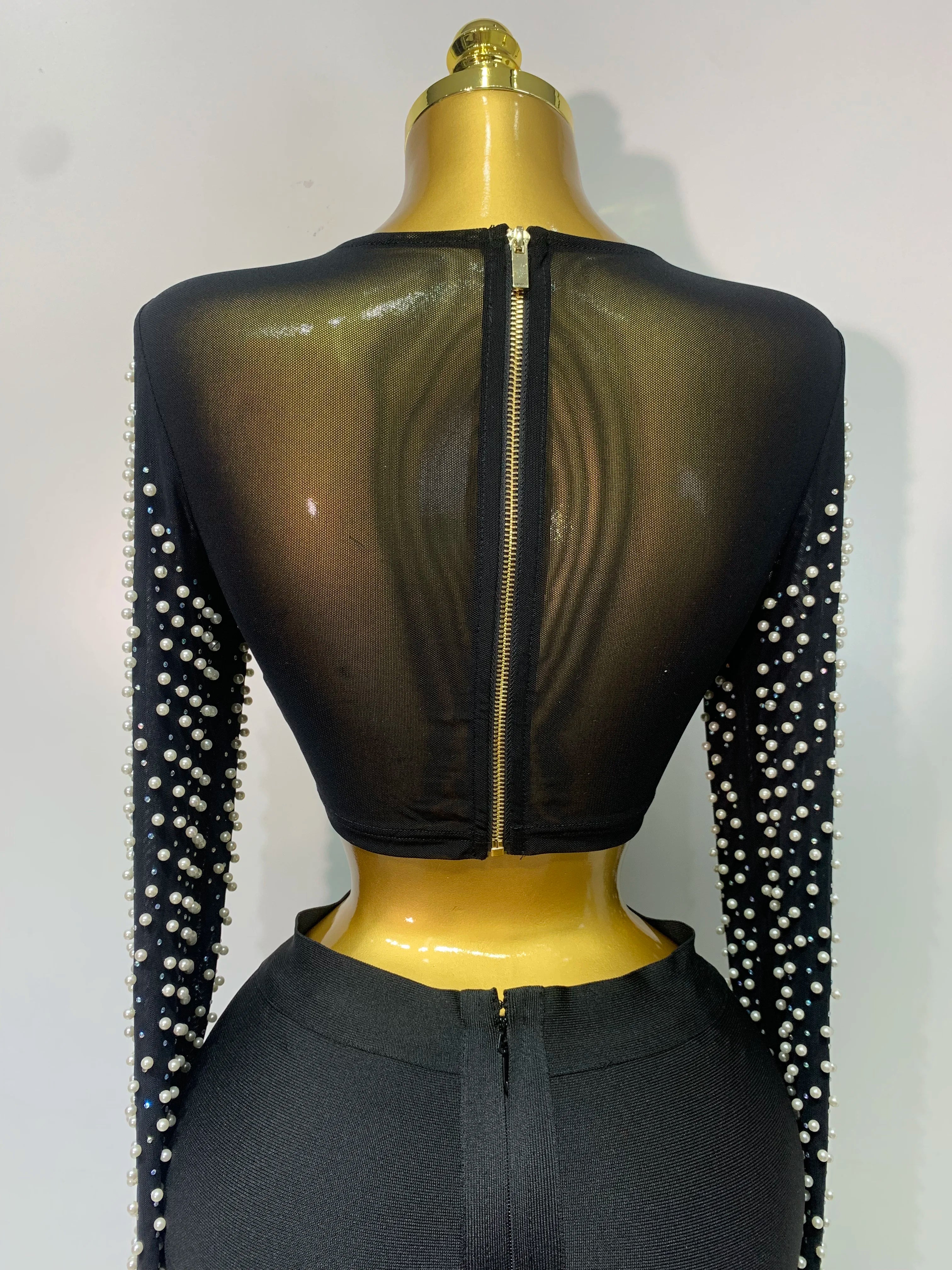 Long Sleeve Mesh Pearl Top  Midi Skirt Bandage Two Set