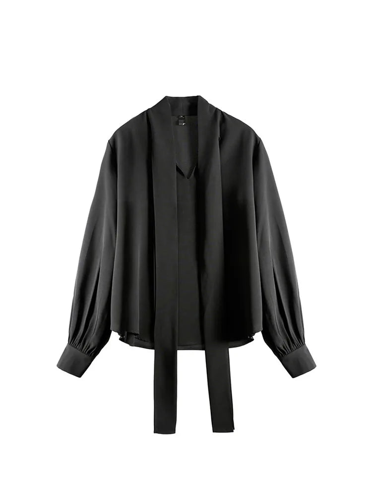 Lace Up Vintage Long Sleeve Solid Chiffon Casual Bow Blouse