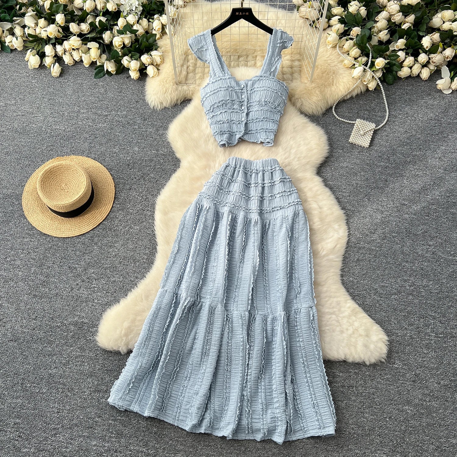Casual Single Breasted Mini Camisole+Elastic Waist A Line Fold Slim Skirt Two Piece Sets
