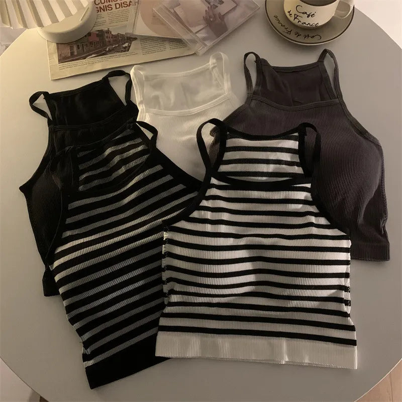 Casual Fashion Crop Top with Chest Pad Stripe Sleeveless Outer Wear Basic Camisole