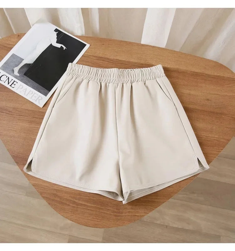 Casual High-waist Loose-fit Leather Shorts