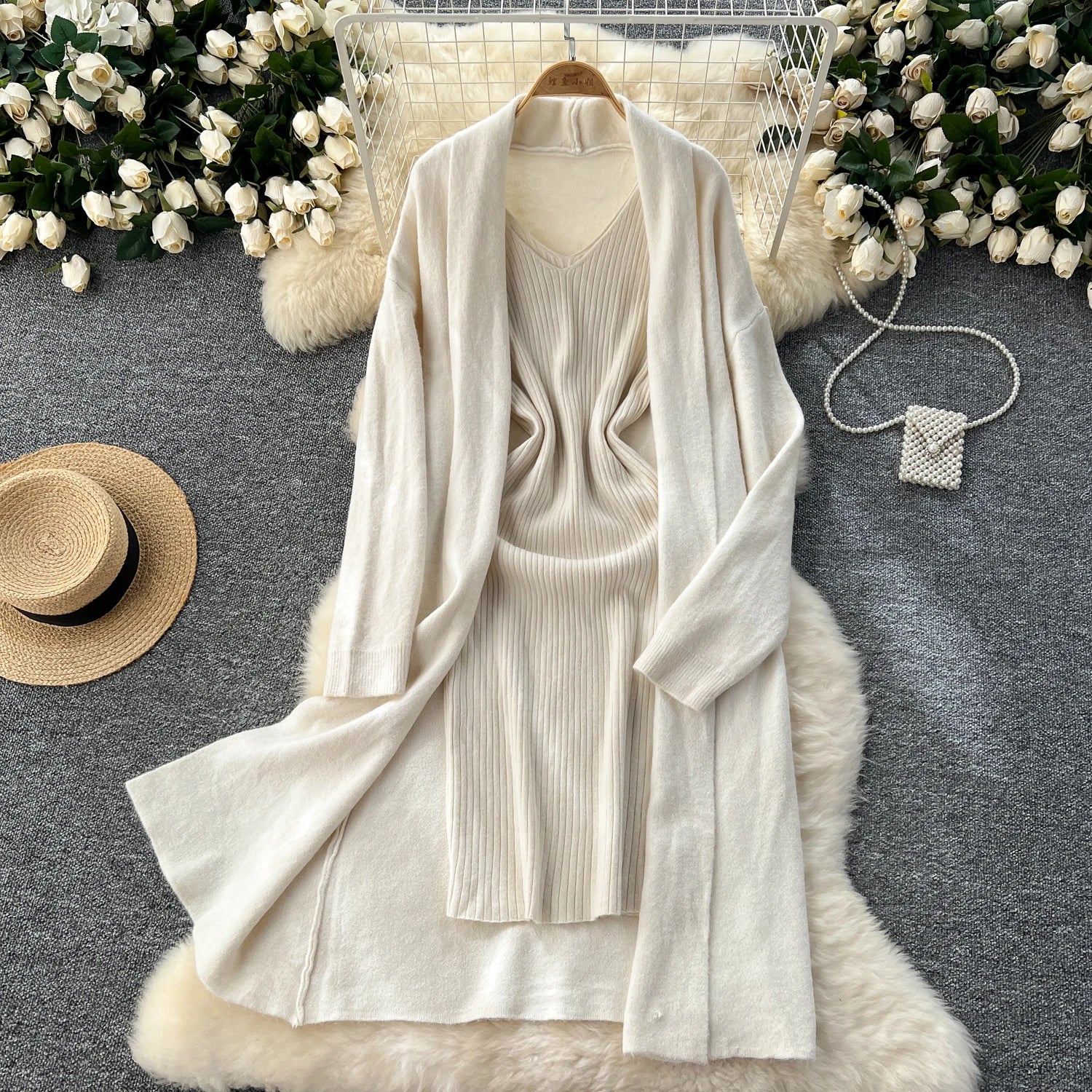 Knitted Two-Piece Sets  Knitting Cardigan+Spaghetti Strap Bodycon Dress