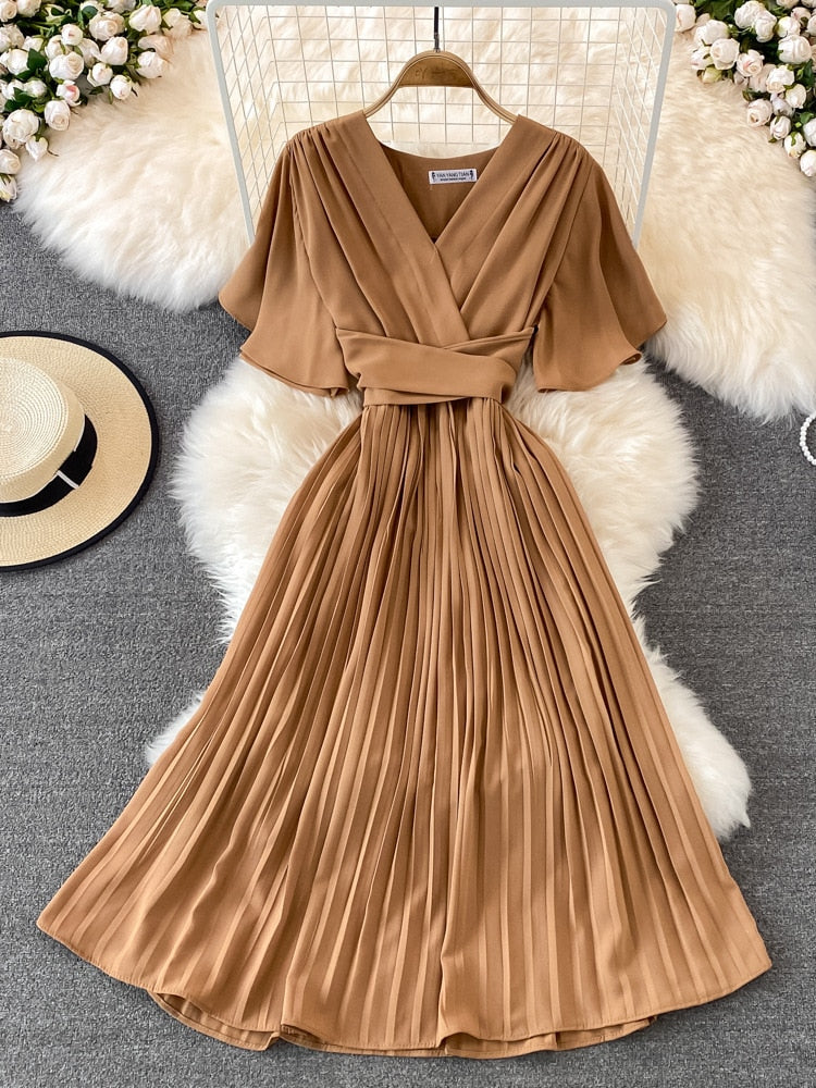 V-neck Pleated Dress