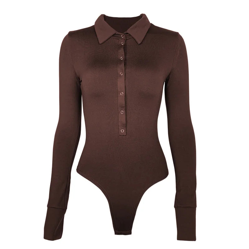 Slim Long Sleeve Velvet Flip Collar One-piece Bodysuit