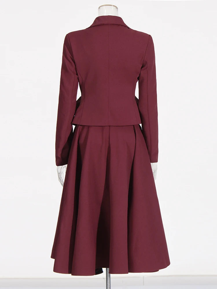 Two Piece Set Lapel Long Sleeve Spliced Appliques Coats High Waist A Line Skirt Set