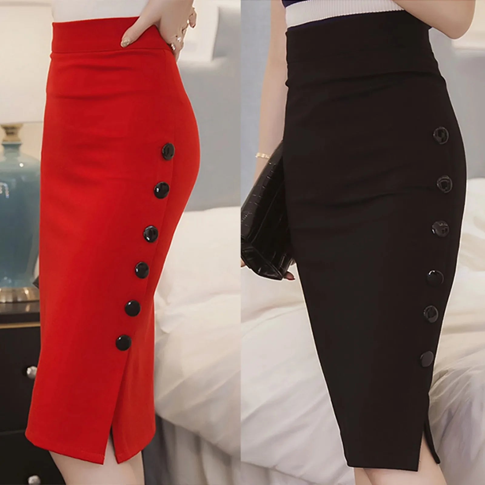High Waisted Button Split Office Pencil Skirt