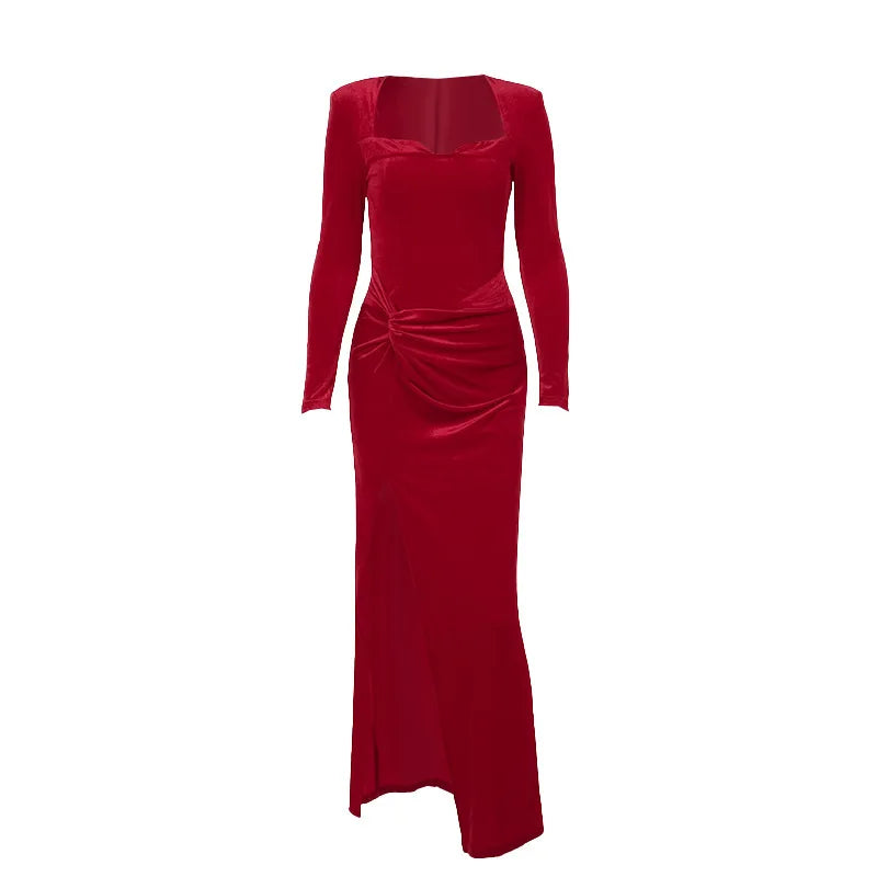 Ruched Split Bodycon Elegant Long Dress