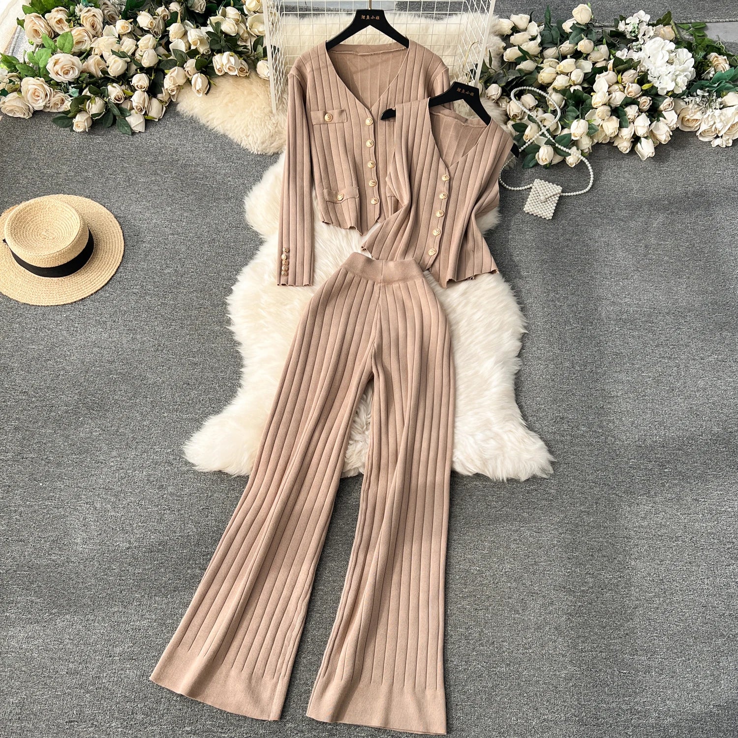 Knitted Metal Button Vest+V Neck Long Sleeves Cardigans+Wide Legs Pants Stripe Three Pieces Sets
