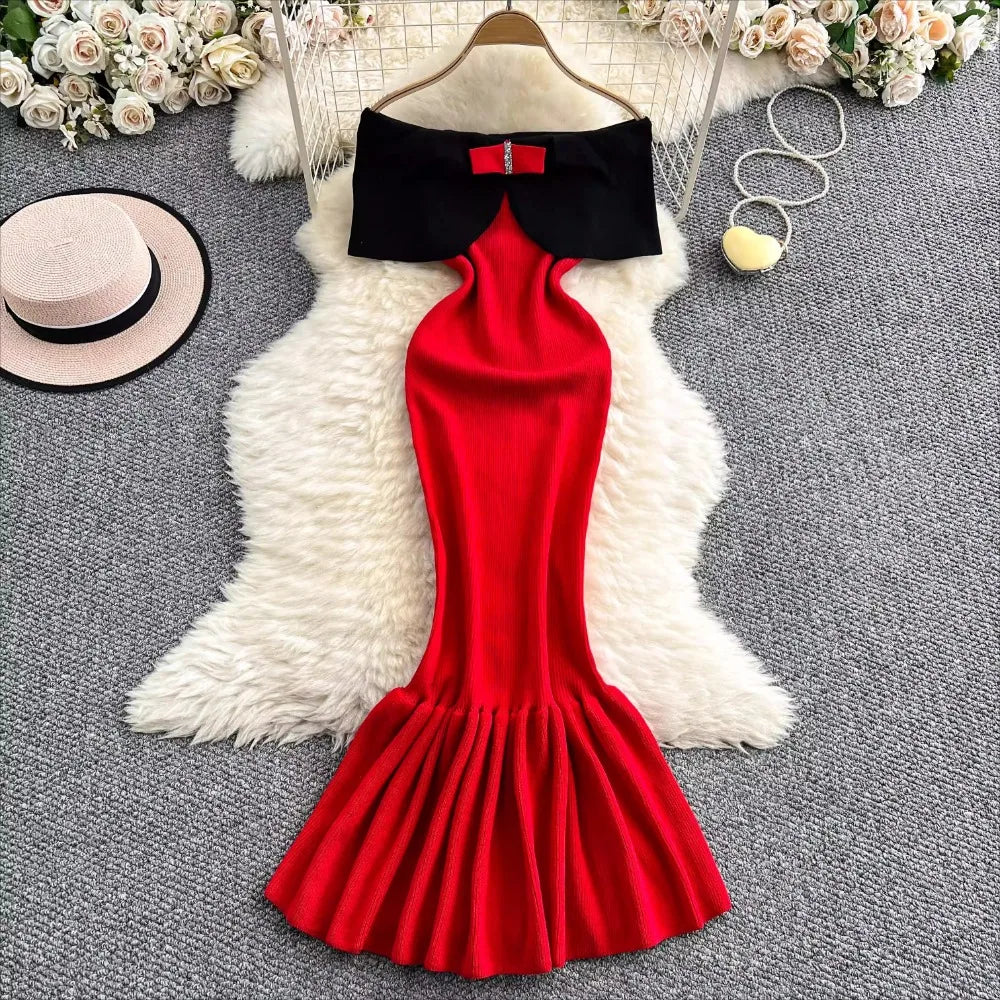 Elegant Slash Neck Mermaid Knit Bodycon Luxury Dresses