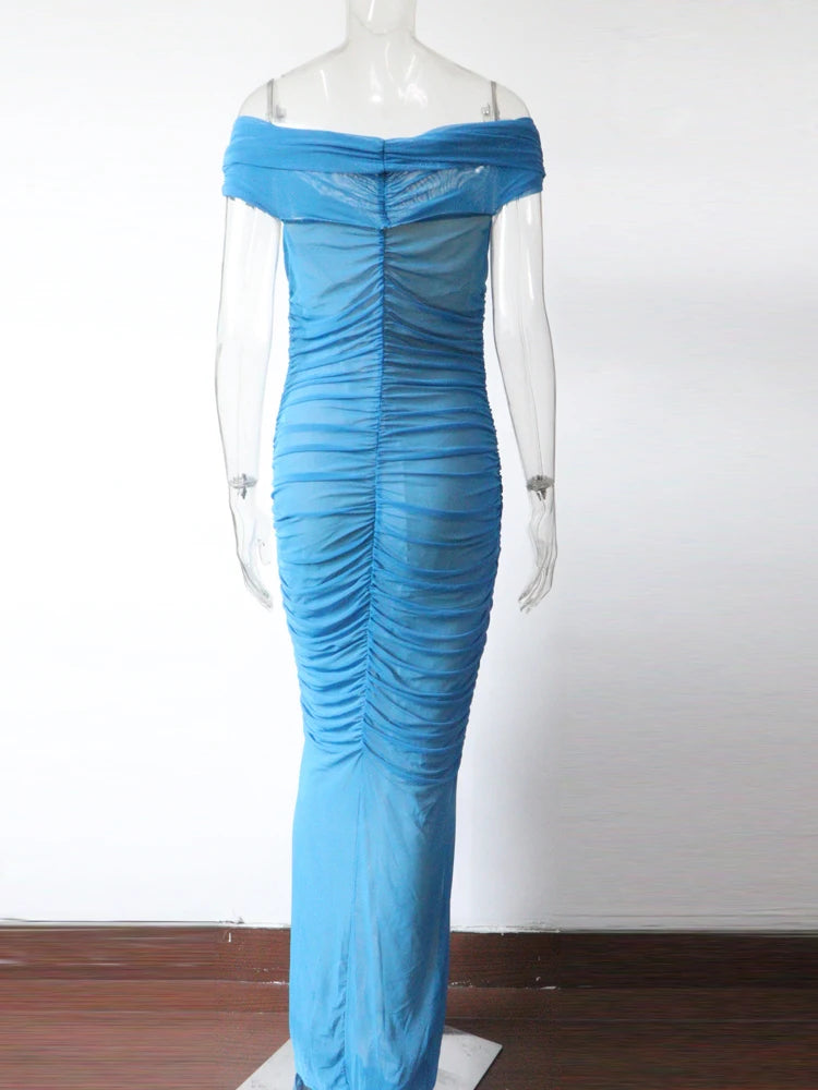 Off Shoulder Pleated Bandage Maxi Dress