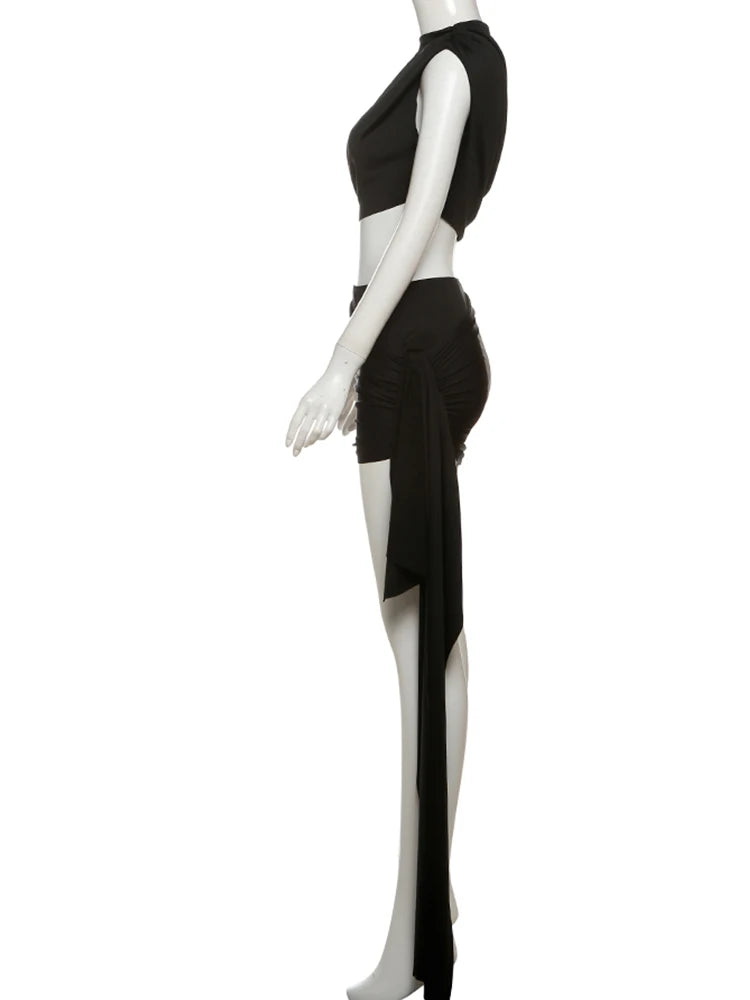 Irregular Ruched Two Piece Set Tank Tops+Side Ribbon Skirts Matching Set