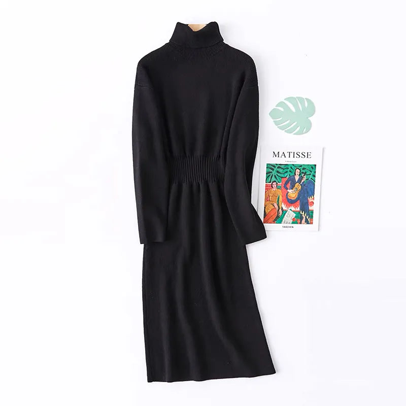 Knitted Casual Solid Elastic Waist Turtleneck Long Sleeve Dress Korean Fashion Pullover Mid-Calf Dresses