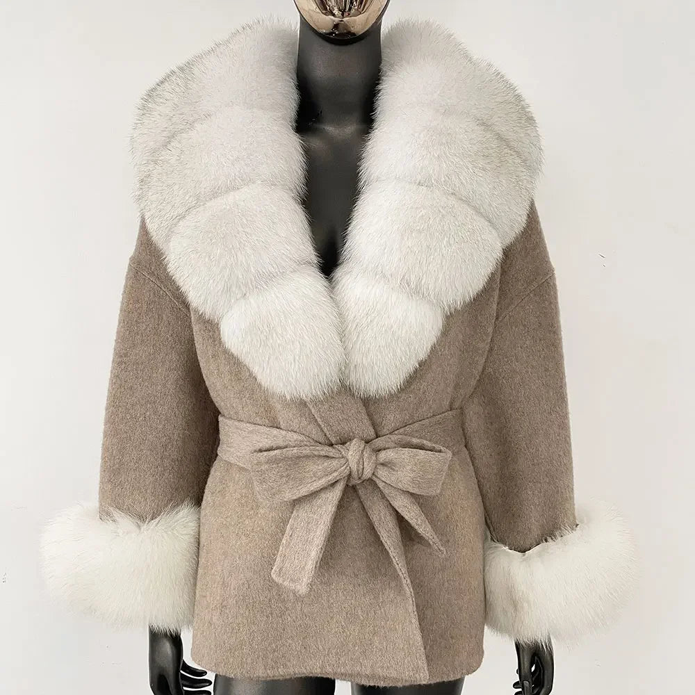 Winter Loose Outerwear Casual Natural Real Raccoon Fox Fur Blends Wool Coat