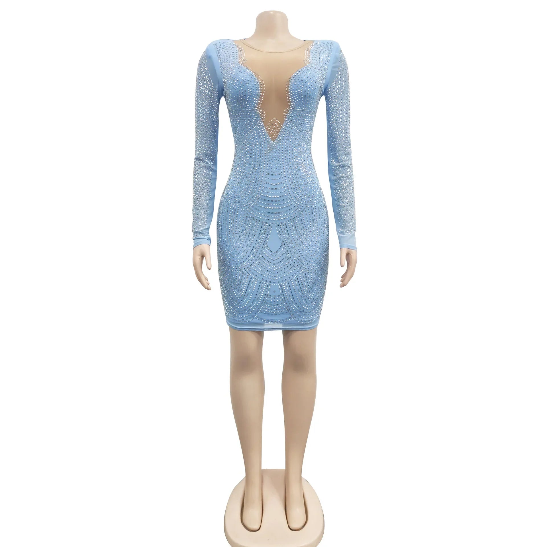 Diamond Mesh Bandage O Neck Long Sleeve Bodycon Mini Dress