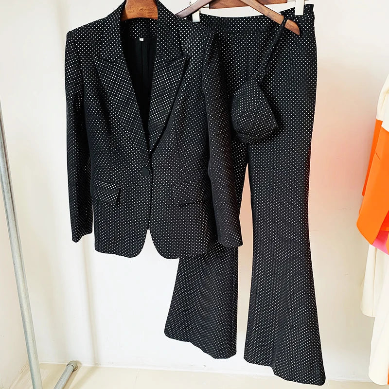 High Street Fashion Blazer Suit Set Women's Single Button Diamonds Beaded Blazer Pants Suit 3pcs Set