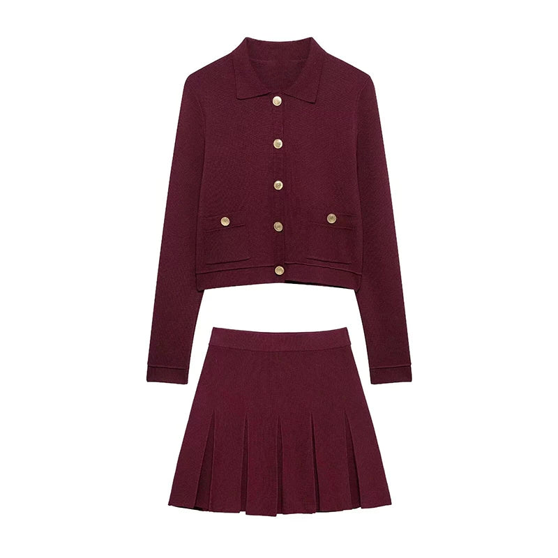 Knitted Two Pieces Single Breasted Lapel Cardigan Pleated A-line Mini Skirt Set