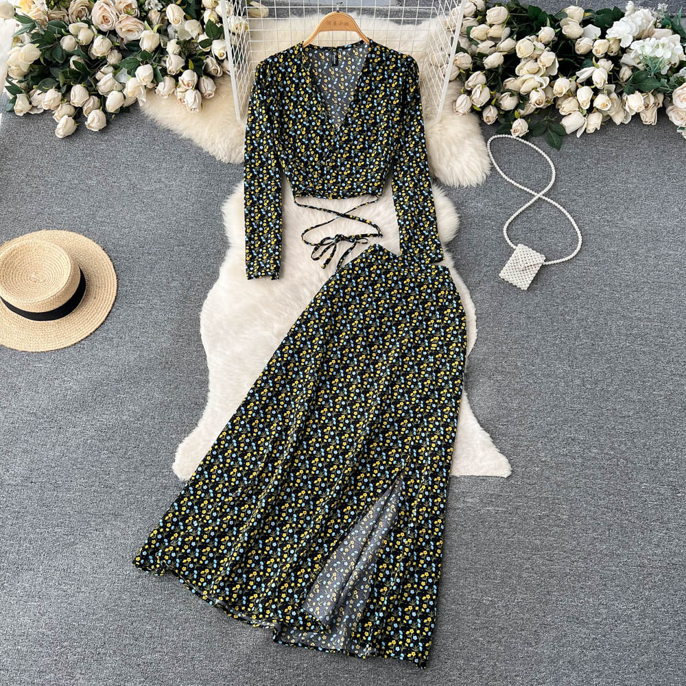 Chiffon Two Pieces Suits Lace Up Top+ Split Long Skirt Sets