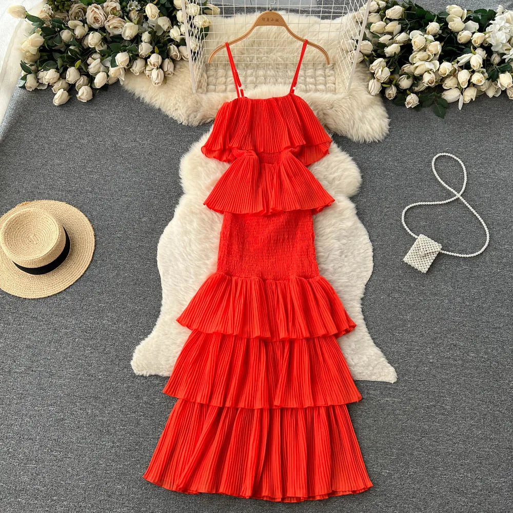 Ruffles Pleated Strapless Sleeveless Slim Dress