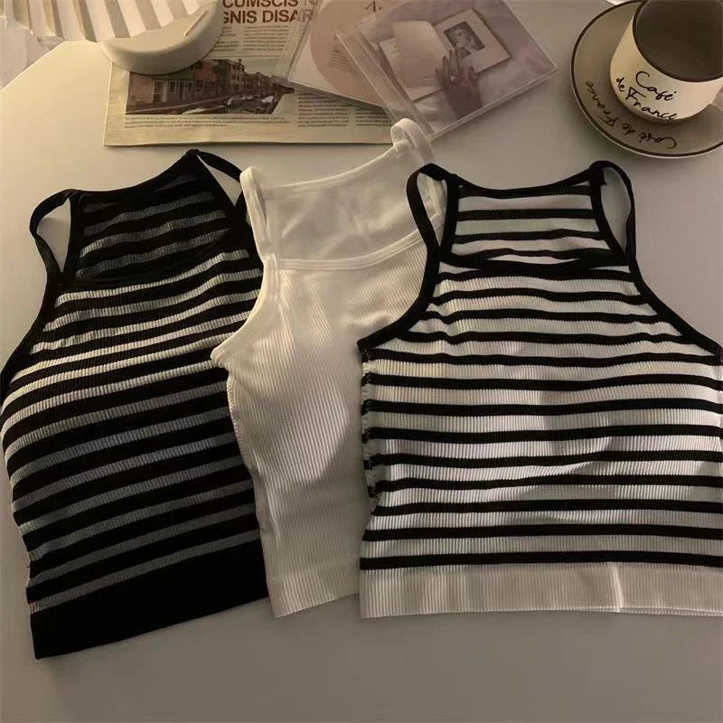 Tank Tops Thread Solid Casual Crop Top with Chest Pad Stripe Sleeveless Outer Wear Basic Camisole