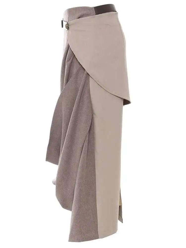 French Niche Asymmetrical High Waist Spliced Belt Solid Slim Skirt