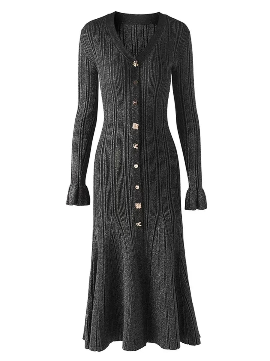 Autumn Winter Knitted V-Neck Long Sleeve Single Breasted Long Knitted Dress