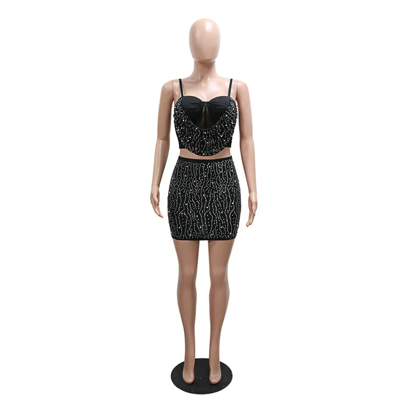 Two Piece Set Strap Mesh Rhinestone Top and Diamonds Mini Skirts Sets