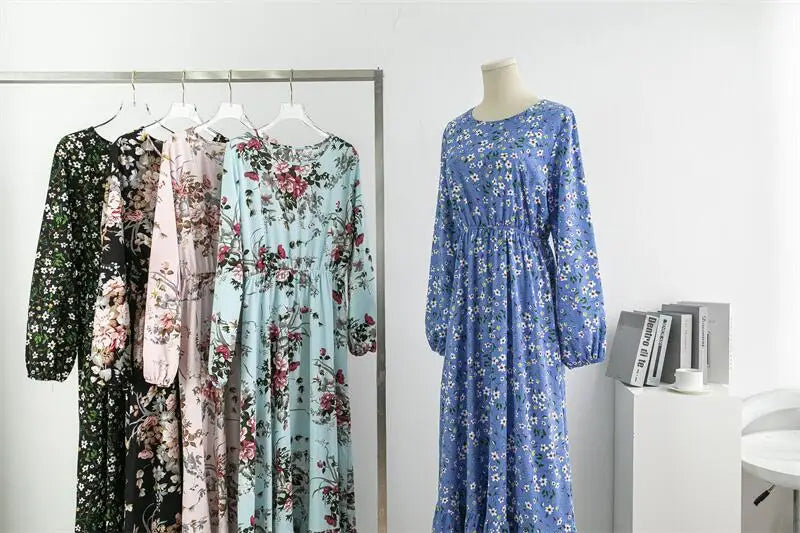 Spring Summer Chiffon Dresses Casual Floral Printed Bark Crinkling Long Dresses