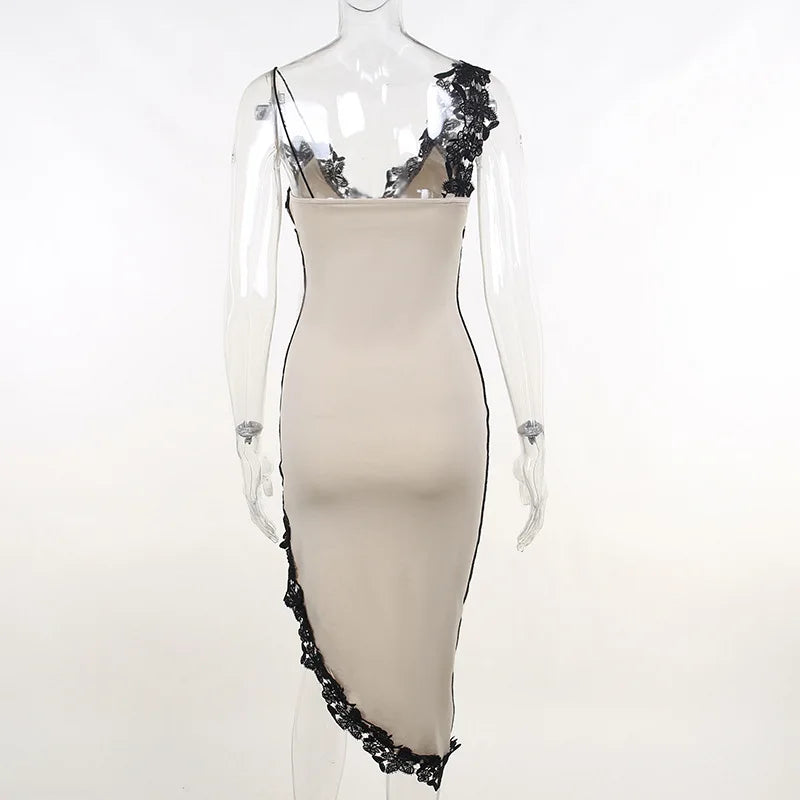 Lace Embellished Asymmetric Slit Midi Dress