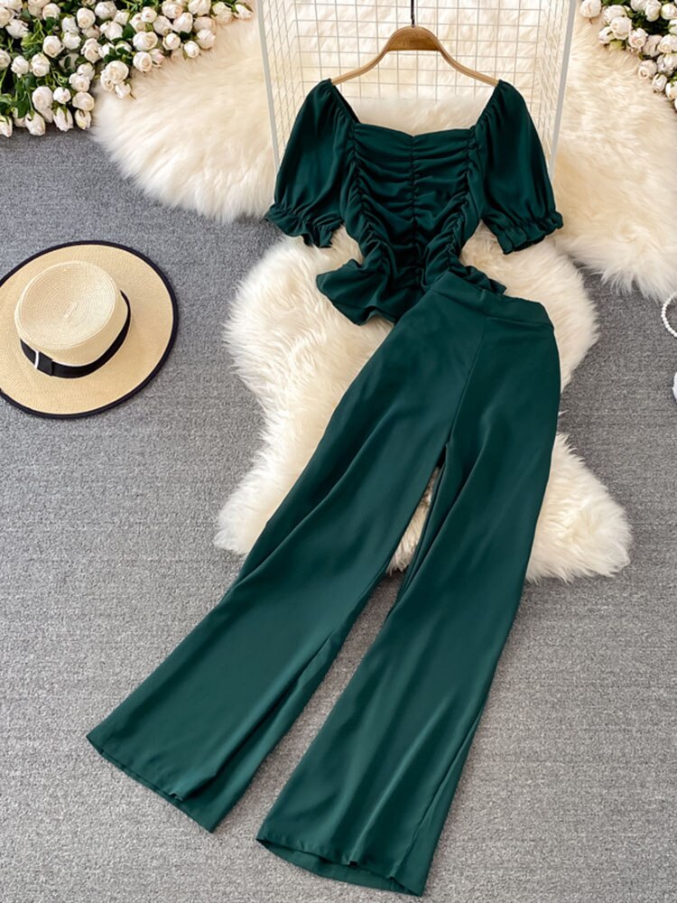 High Waist Drape Pants, Square Collar  Blouse Two-piece Suit