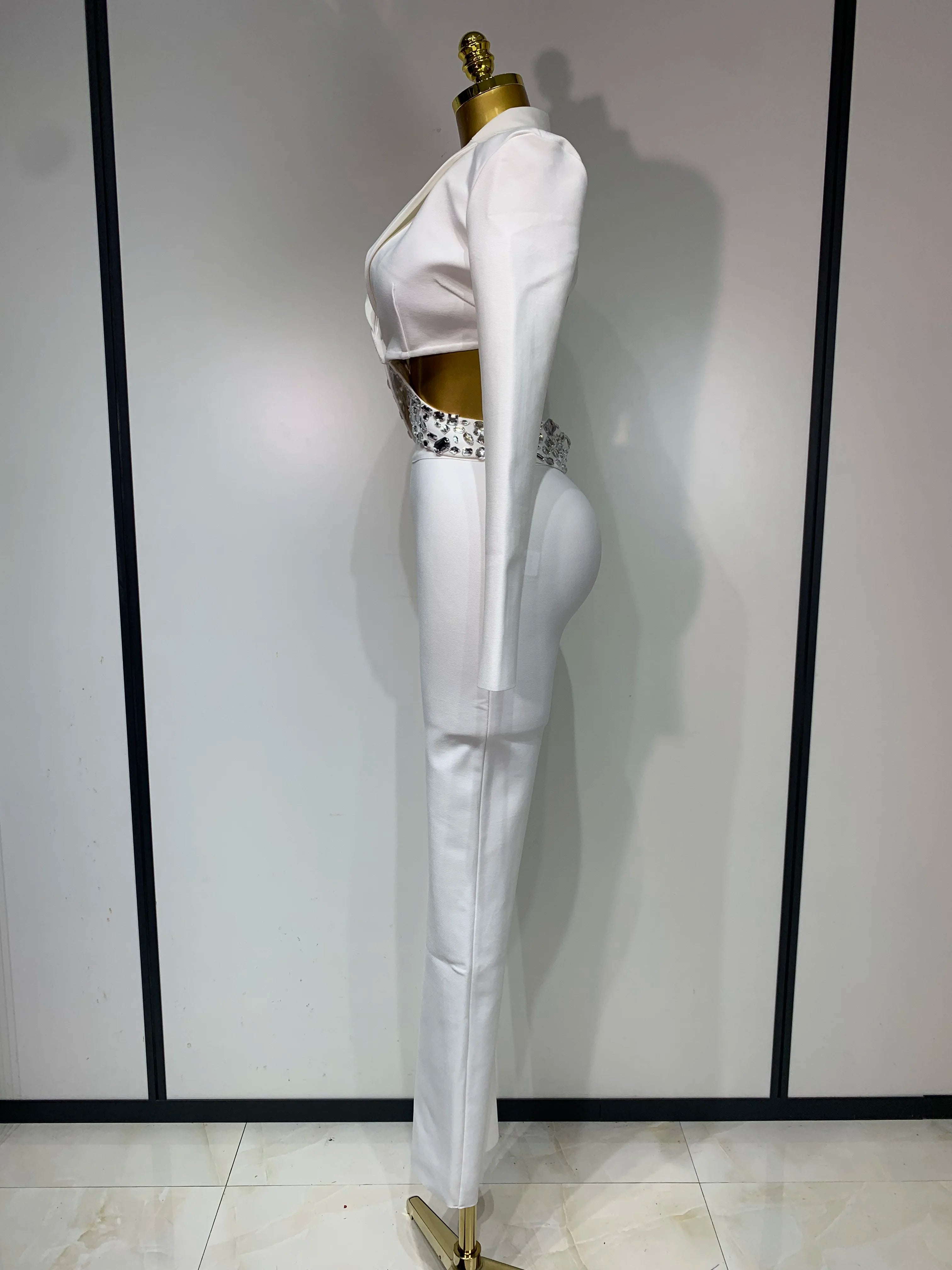 Luxury Two Piece Set Long Sleeve Beading Bodycon Top And Bandage Pants Set