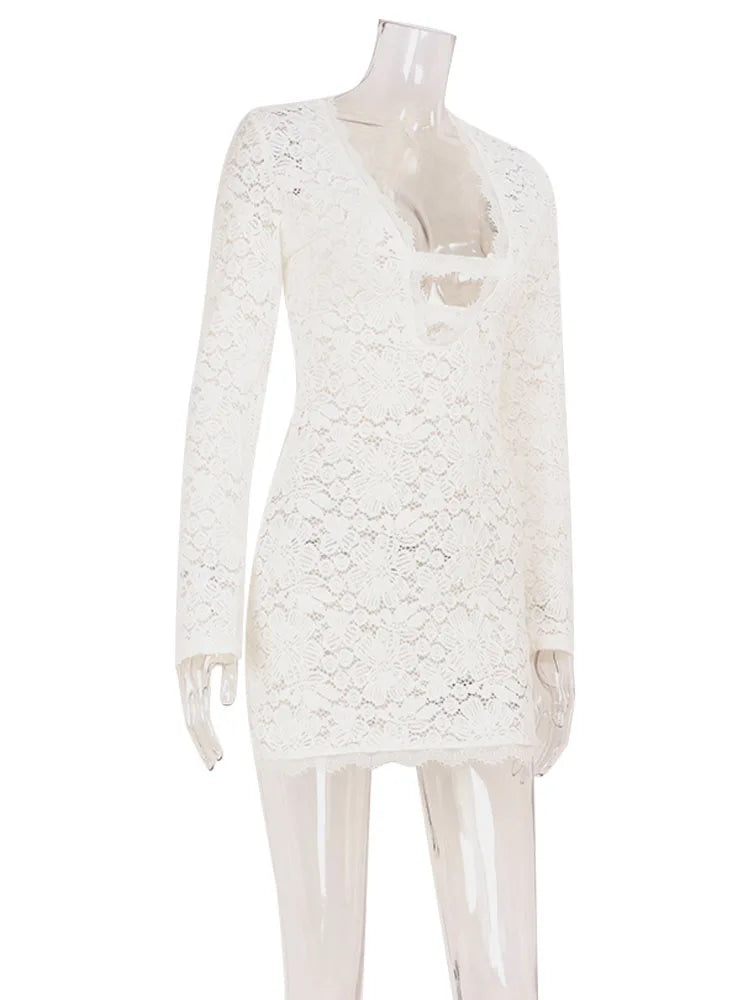 Regular Long Sleeves Deep V-Neck Hollow Out Sheath Bodycon Dress