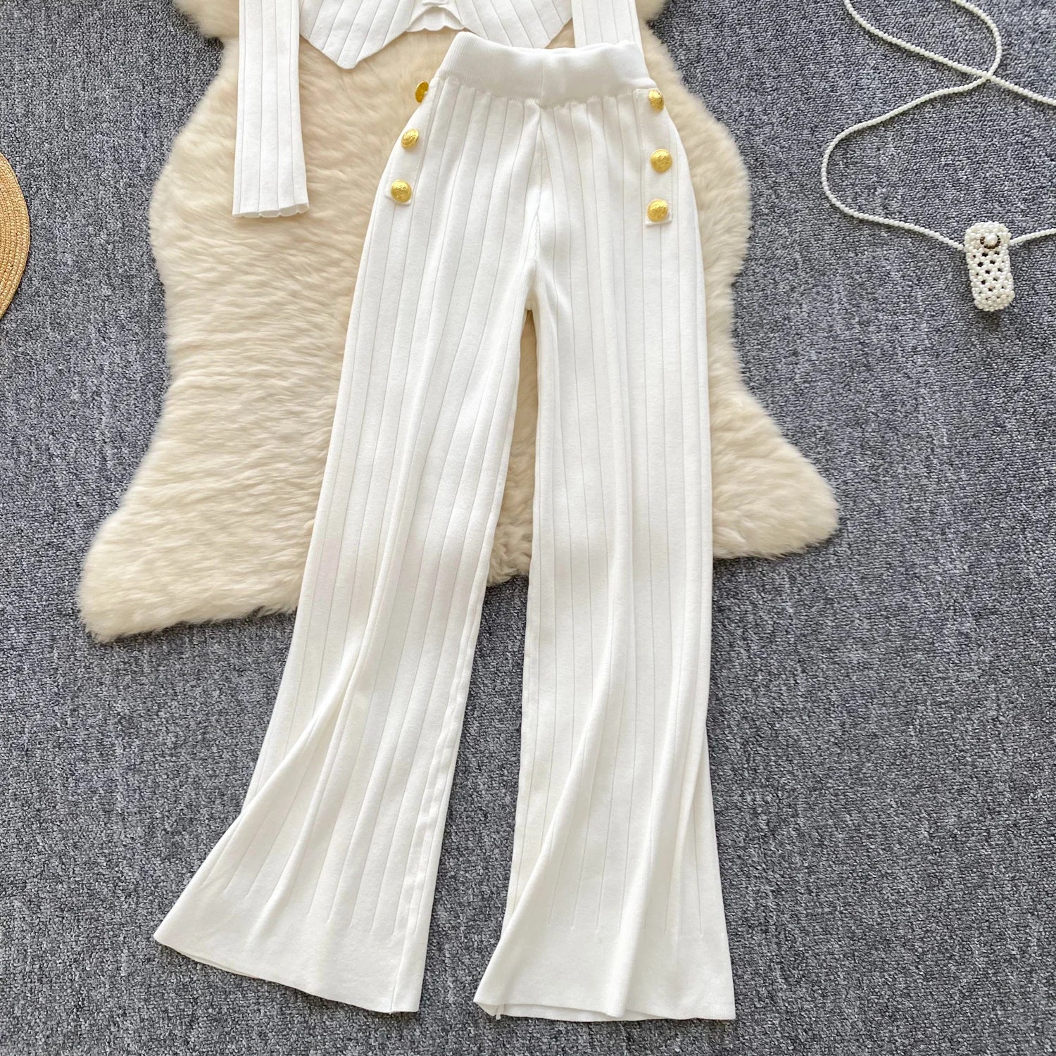Long Sleeves Chic Buttons Pullovers+Elastic Long Pants Vintage Two Pieces Sets