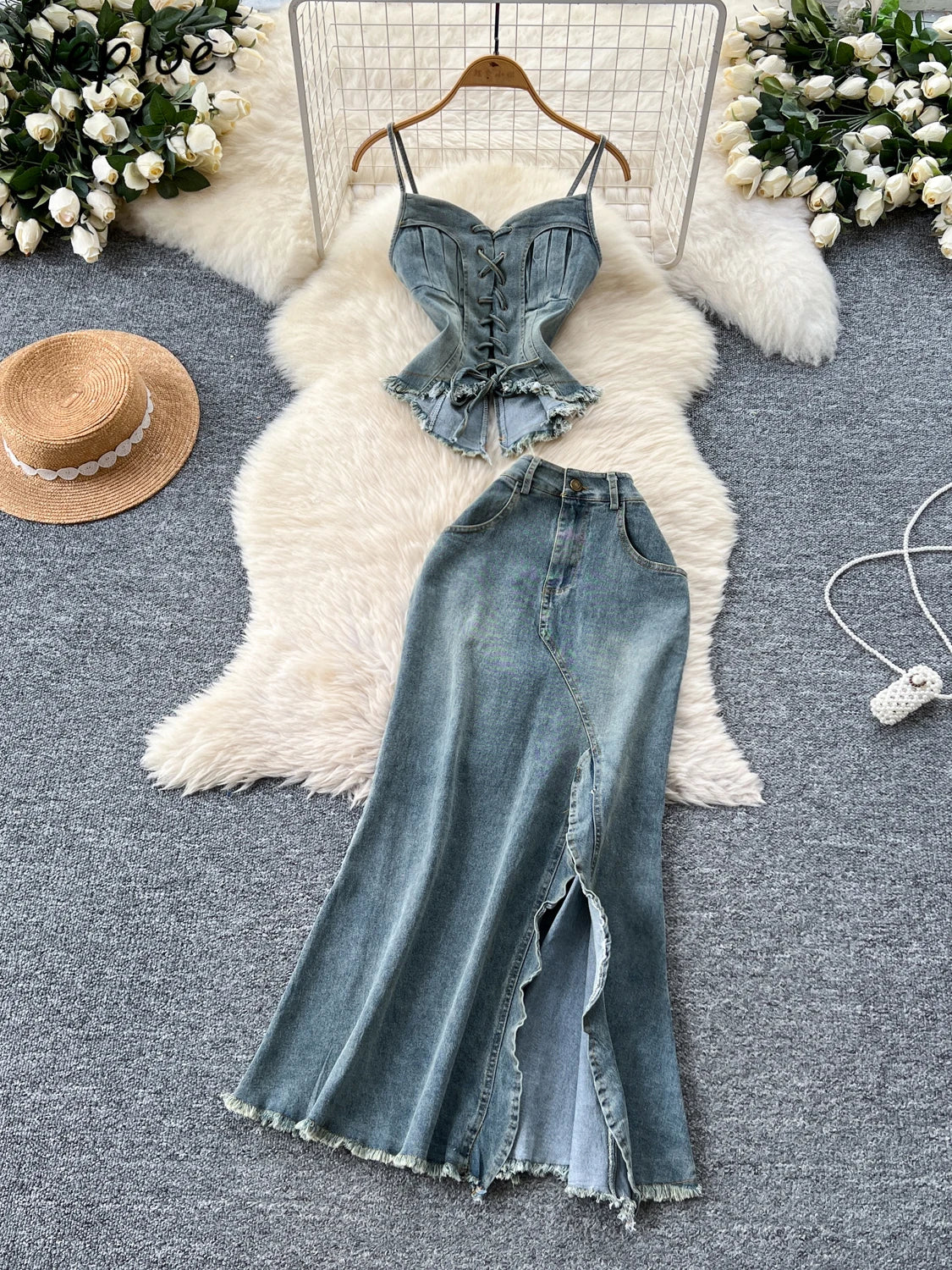 Vintage Lace Up Strapless Top And Skirt Demin Set