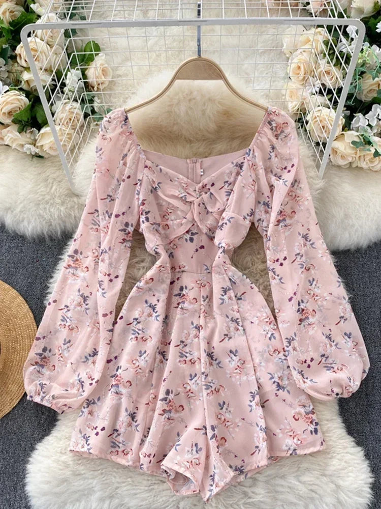 V-neck Puff Sleeves Folds Slim Floral Wide-leg Playsuit Jumpsuit