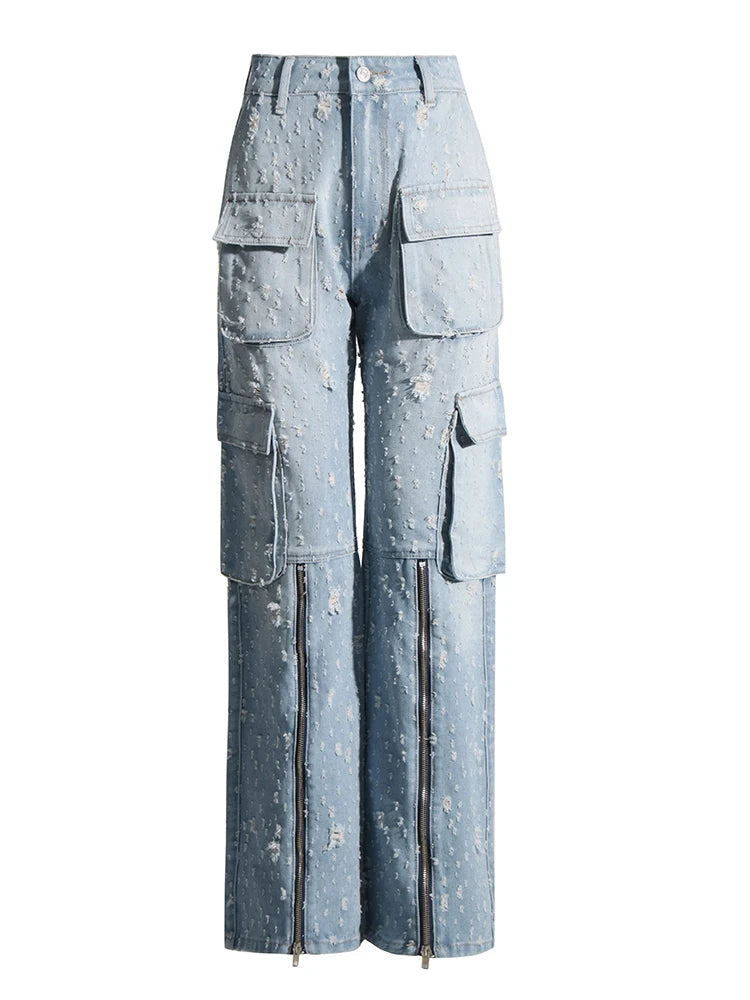 High Waist Spliced Pocket Designer Patchwork Zipper Hole Denim Wide Leg Pants