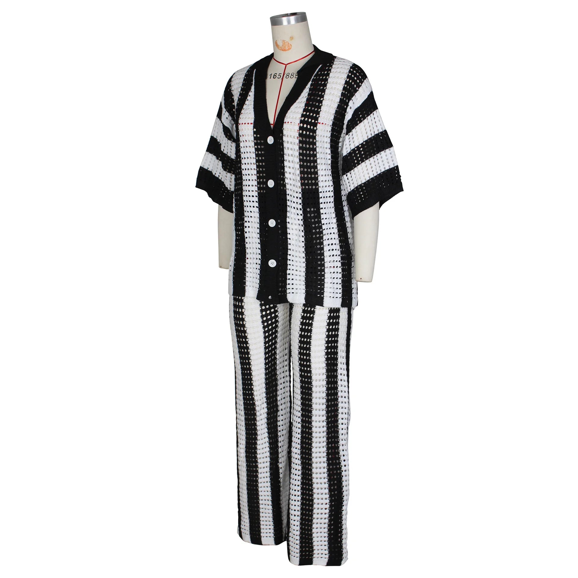 Knitted Striped Hollow Out Top and Wide Leg Pants Matching Sets