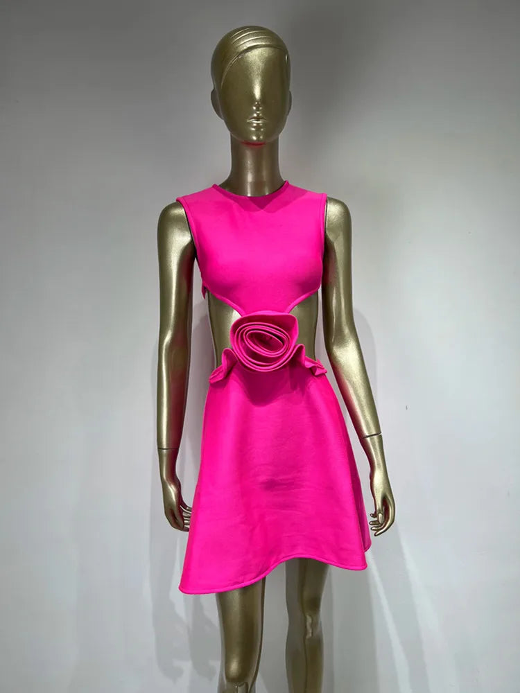 Sleeveless O Neck Flower Hot Pink Mini Bandage Dress