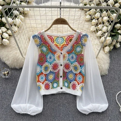 Knitting Crochet  Hollow Out Long Lantern Sleeve Blouse