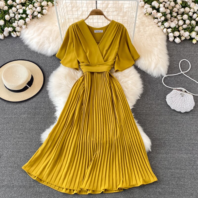 V-neck Pleated Dress