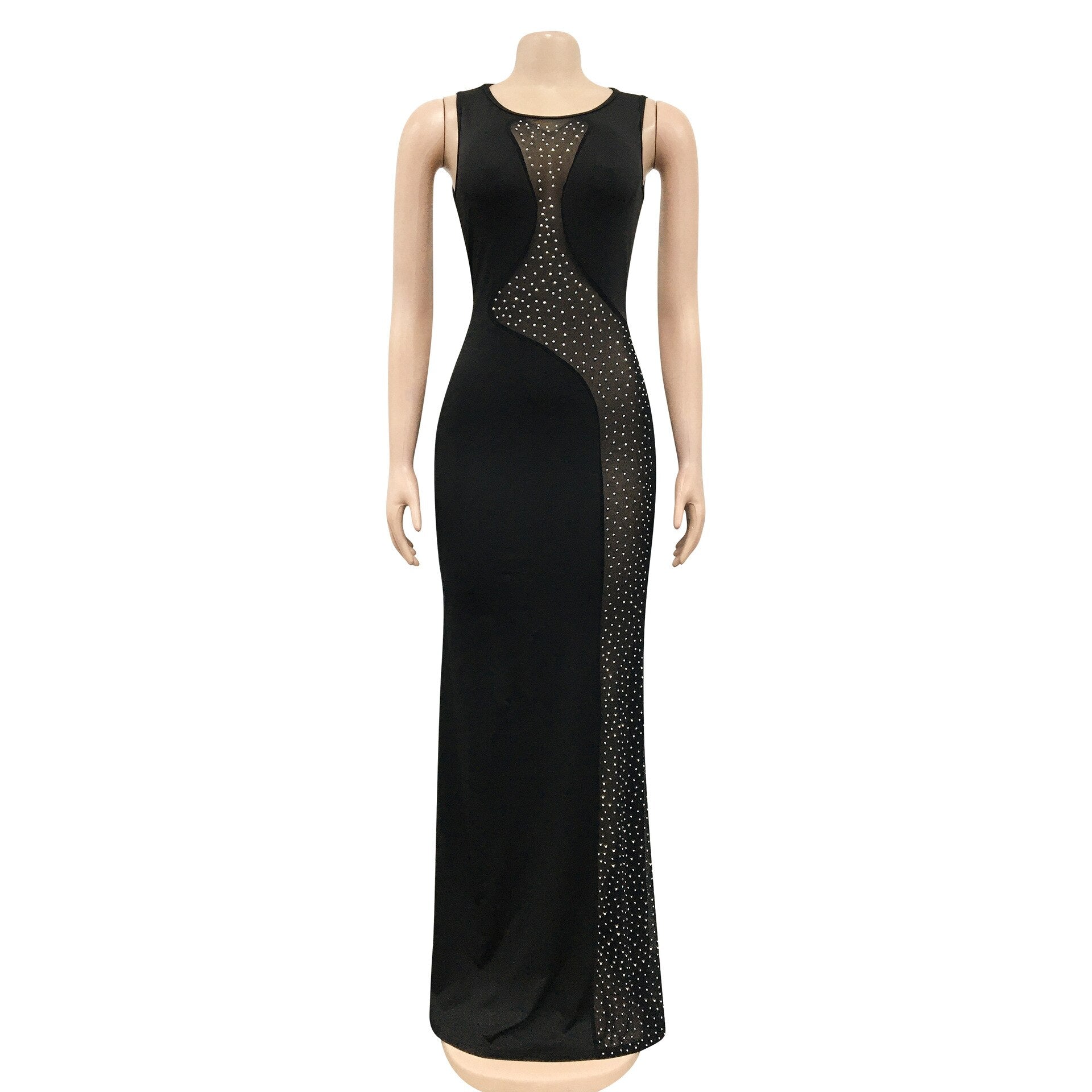 Rhinestone Mesh Sleeveless Open Back Maxi Dress